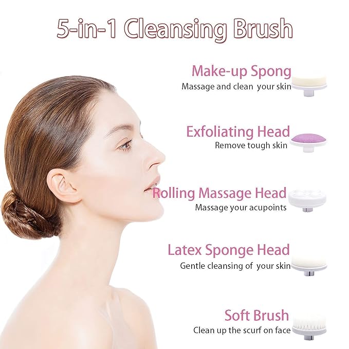 5-in-1 Portable Electric Face Massager & Cleanser – Waterproof Spin Brush Kit for Exfoliation, Blackhead Removal & All Skin Types