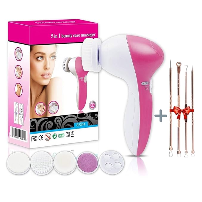 5-in-1 Portable Electric Face Massager & Cleanser – Waterproof Spin Brush Kit for Exfoliation, Blackhead Removal & All Skin Types