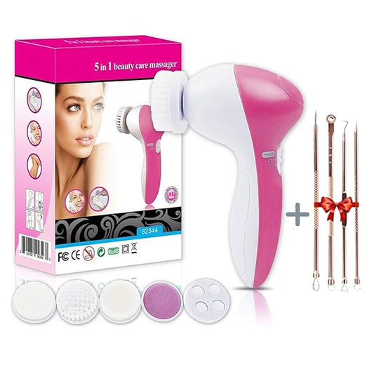 5-in-1 Portable Electric Face Massager & Cleanser – Waterproof Spin Brush Kit for Exfoliation, Blackhead Removal & All Skin Types
