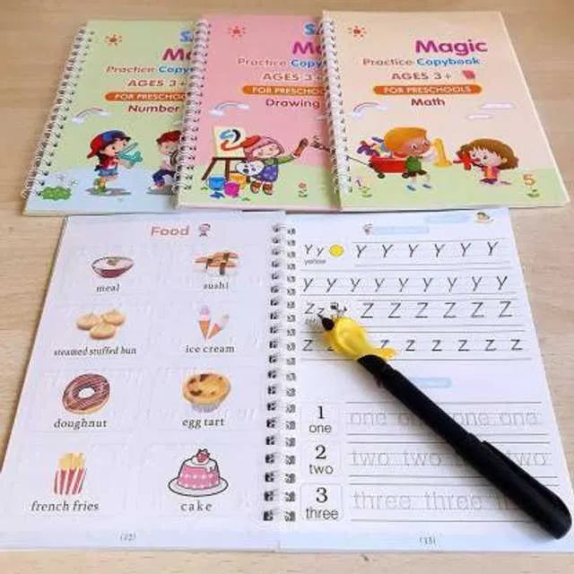 Sank Magic Practice Copybook Set (4 Books + 10 Refills + 1 Pen + 1 Grip) – Reusable Handwriting Practice Books for Kids (A-127)
